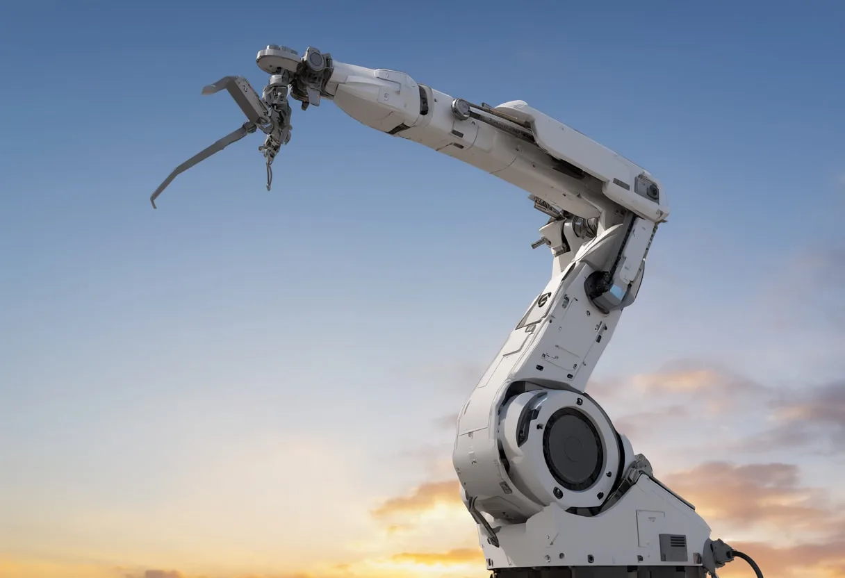 Robot arm line at dusk, low angle