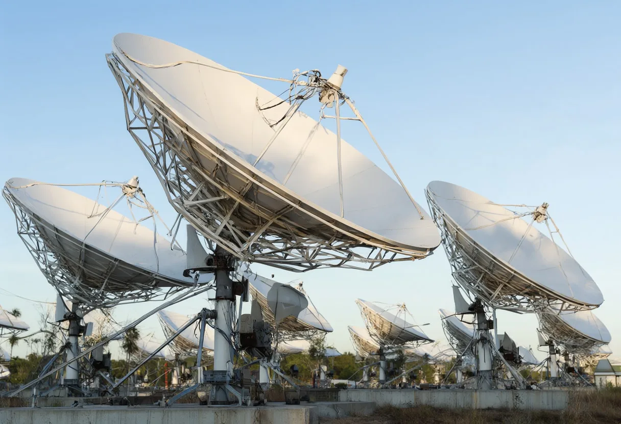 Satellite dish array with soft rim light, low angle