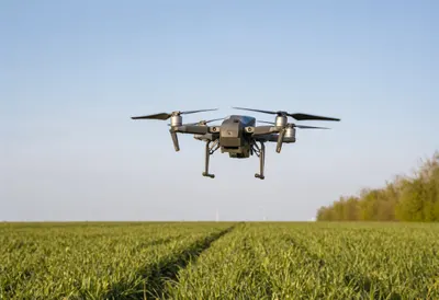 Drone over field under natural daylight, low angle