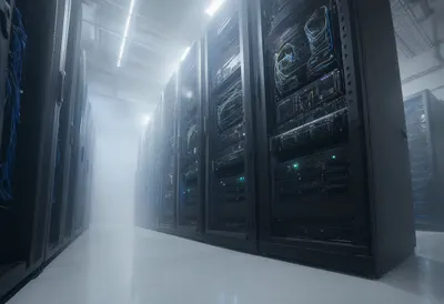 Server room fog with soft rim light, low angle