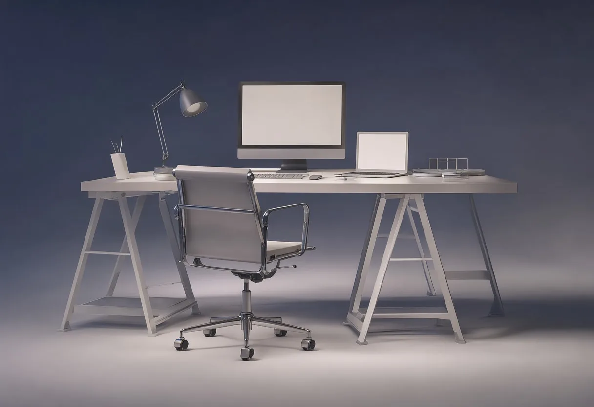 Workspace at night in a clean studio, low angle