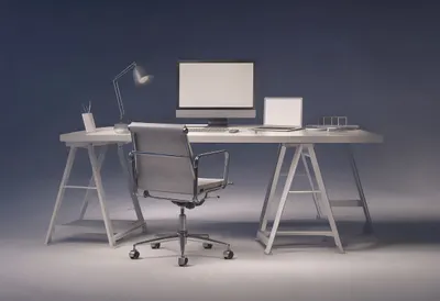 Workspace at night in a clean studio, low angle