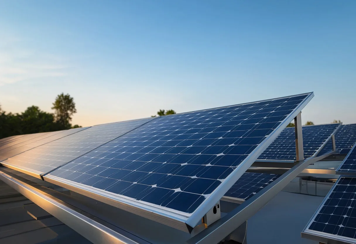 Solar inverter at dusk, low angle