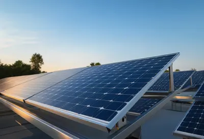 Solar inverter at dusk, low angle