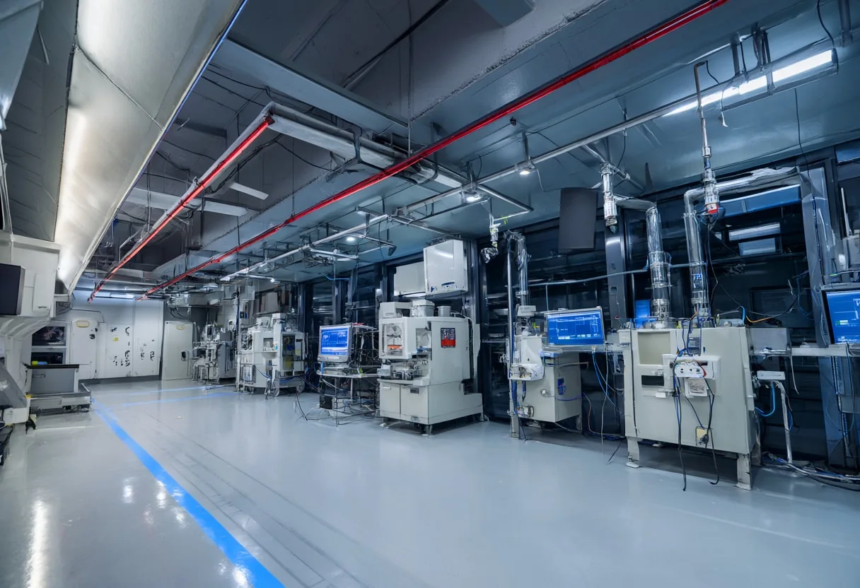 Futuristic corridor in a lab setting, low angle