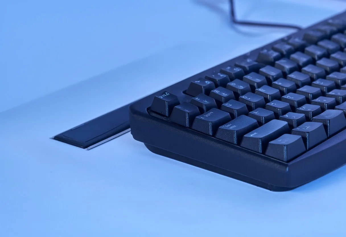 Keyboard corner with cool blue light, low angle
