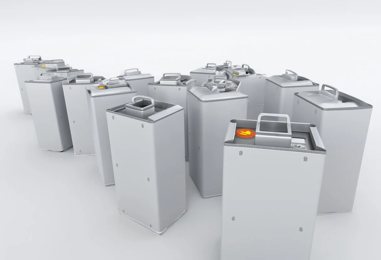 Battery containers in a clean studio, low angle