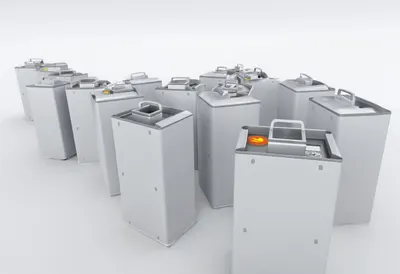 Battery containers in a clean studio, low angle