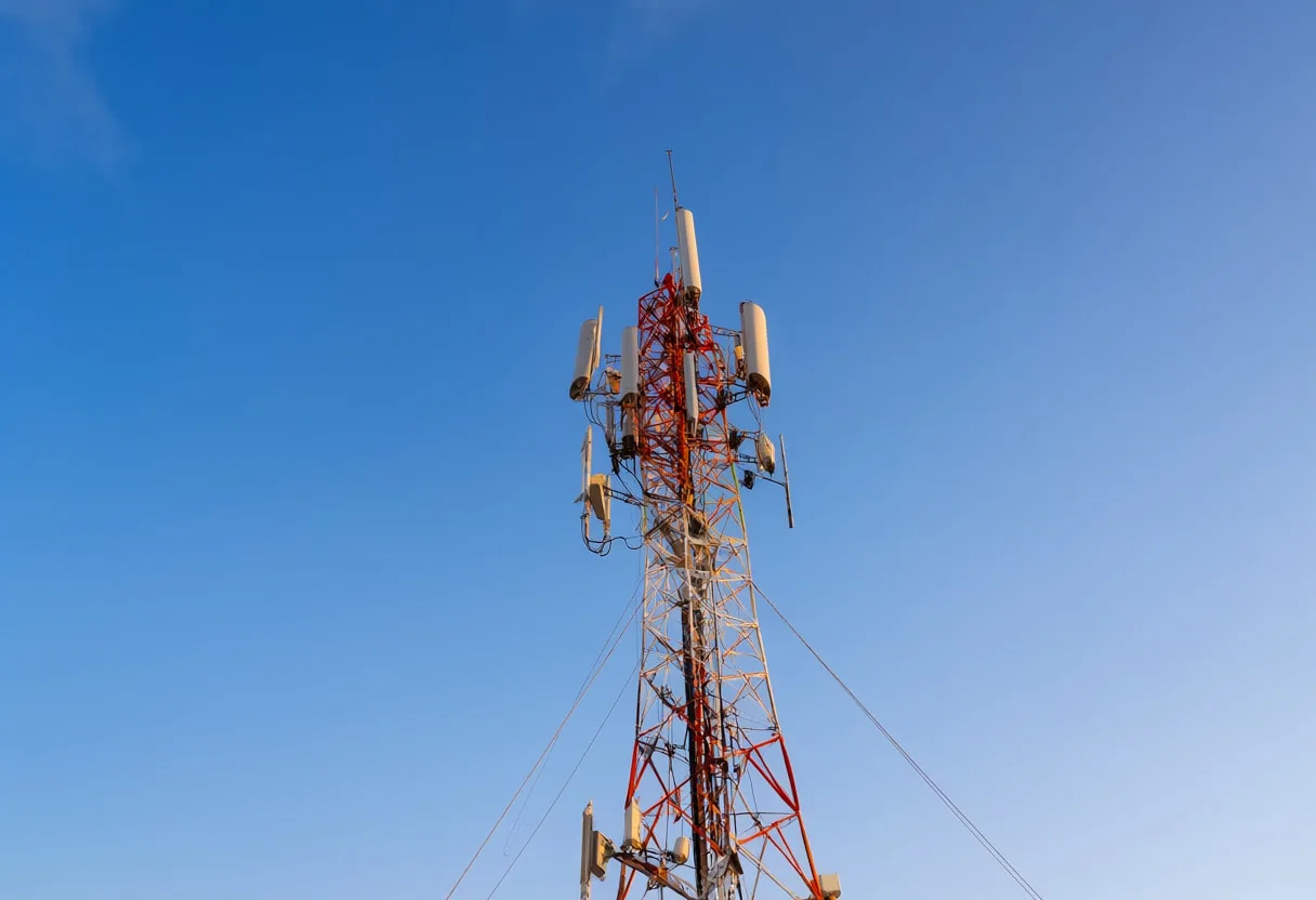 Telecom tower at dusk, low angle
