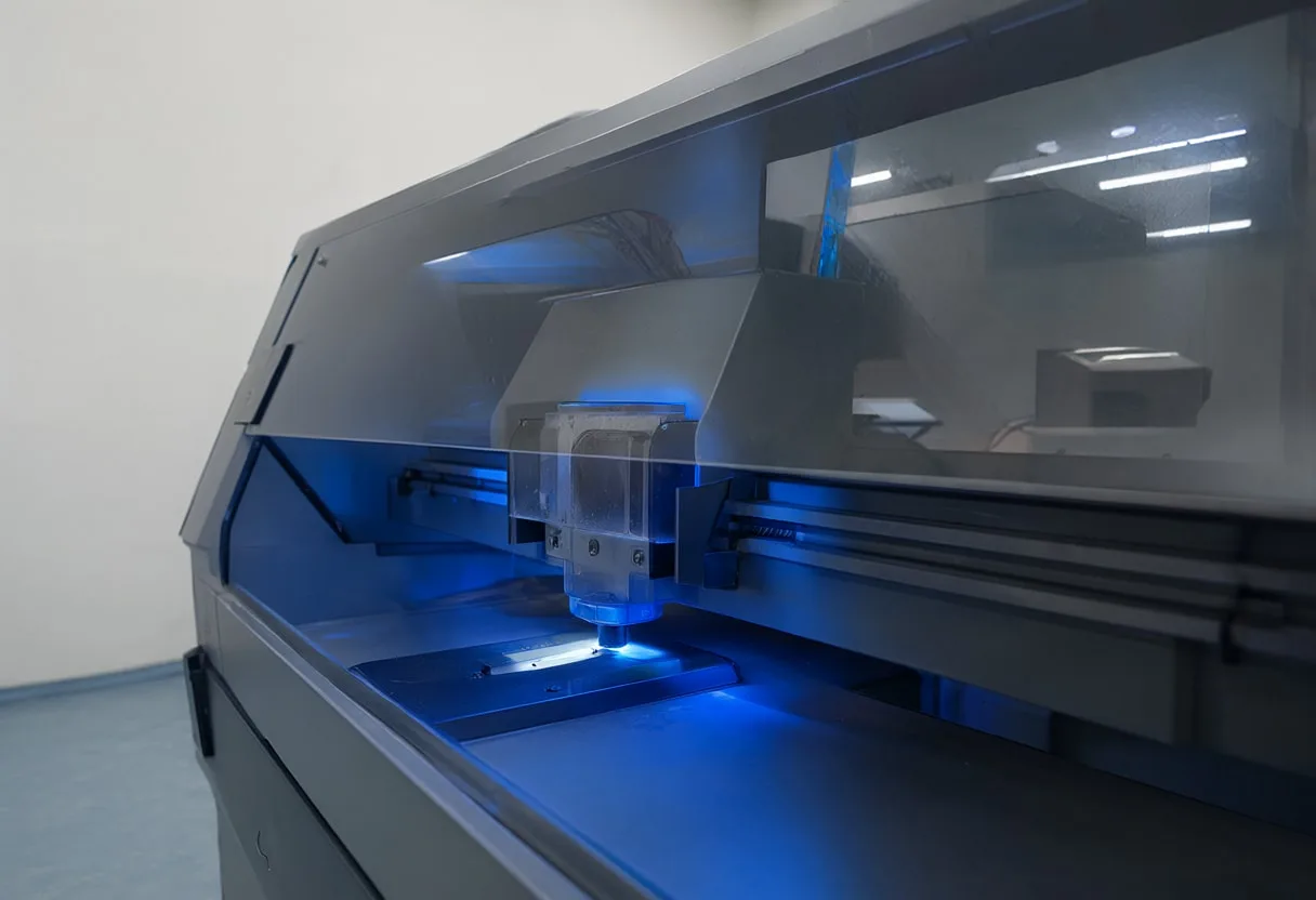 Laser cutter with cool blue light, low angle