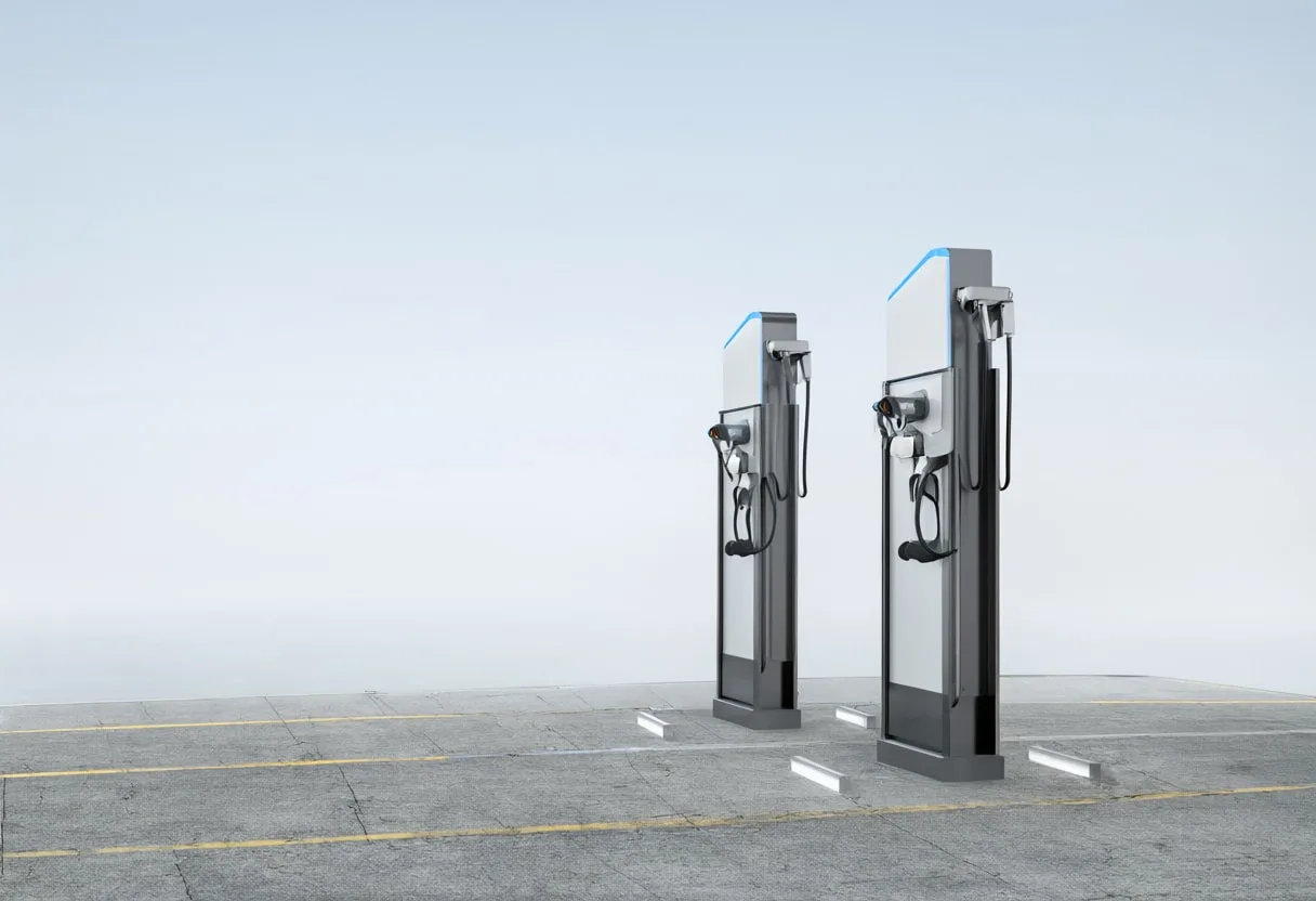 Ev charging plaza in a clean studio, low angle