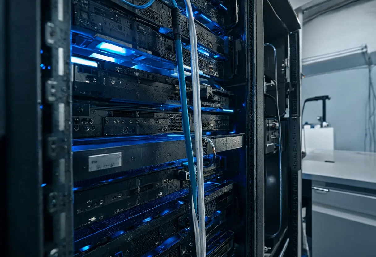 Liquid cooled rack in a lab setting, low angle