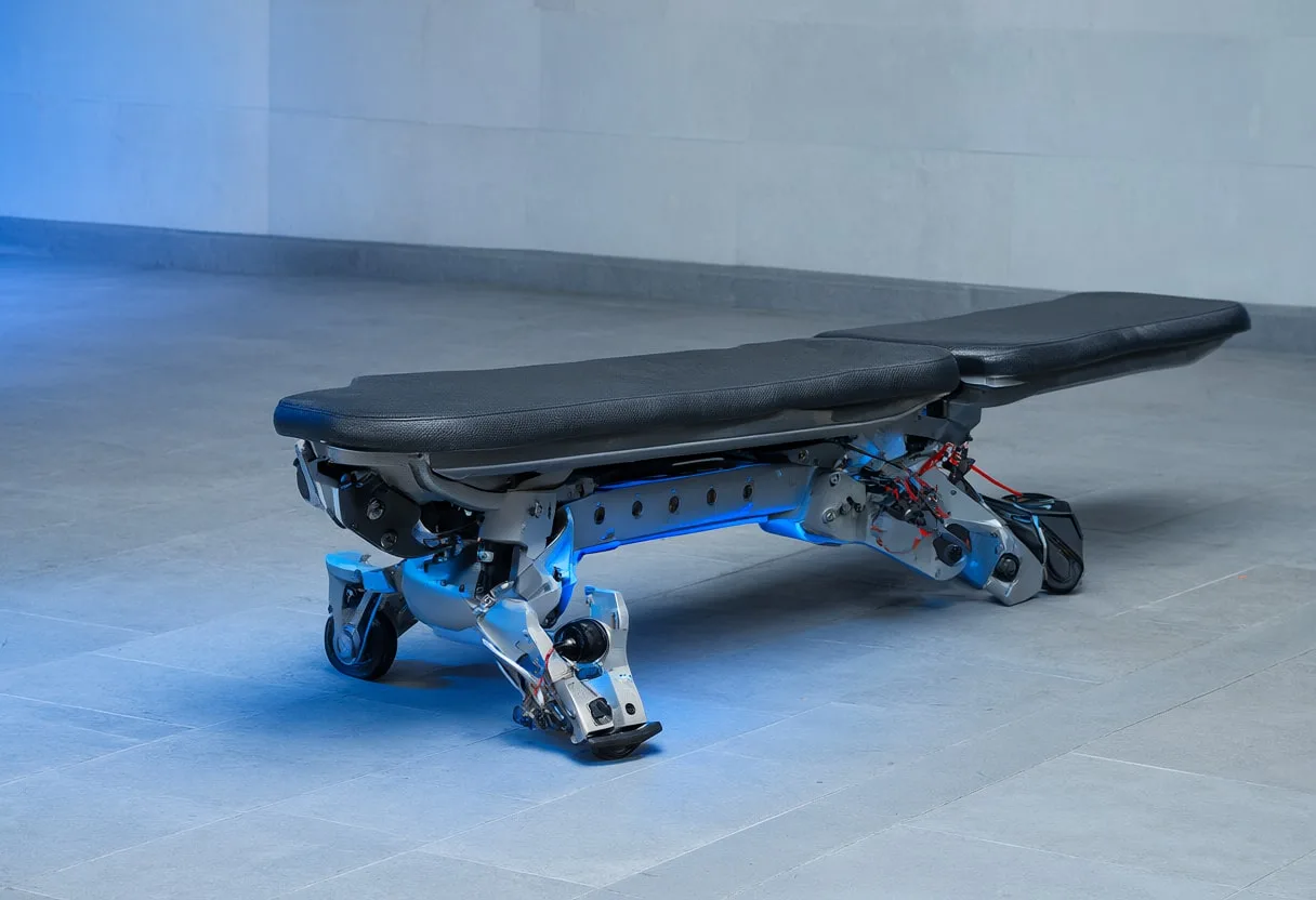 Exoskeleton bench with cool blue light, low angle