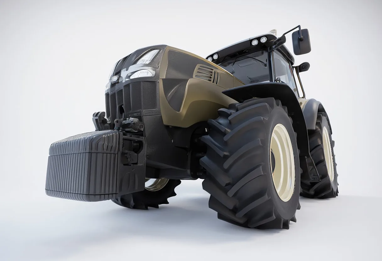 Autonomous tractor in a clean studio, low angle