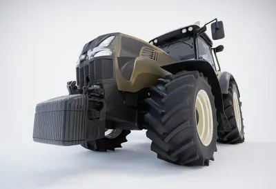 Autonomous tractor in a clean studio, low angle