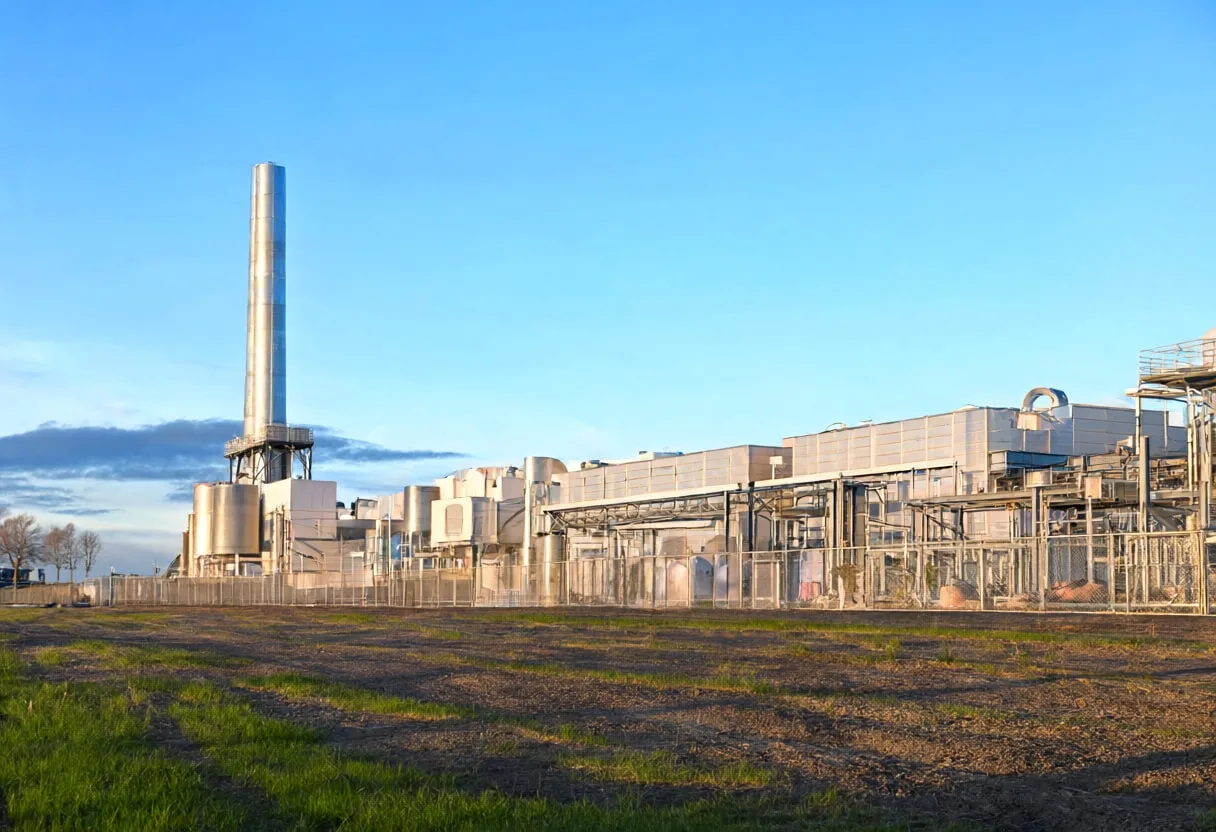 Battery gigafactory at dusk, low angle