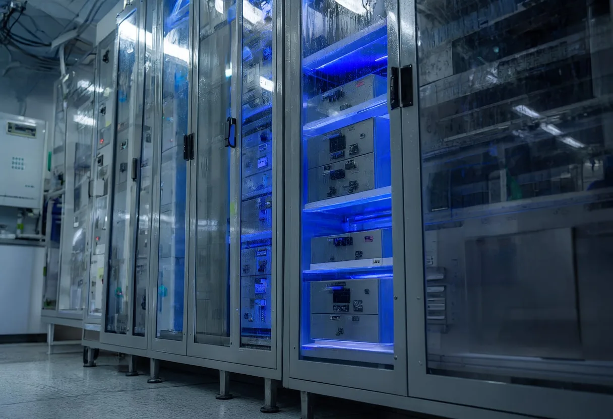 Grid cabinet in a lab setting, low angle