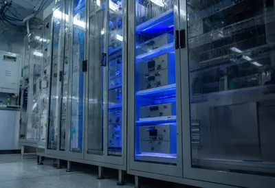 Grid cabinet in a lab setting, low angle