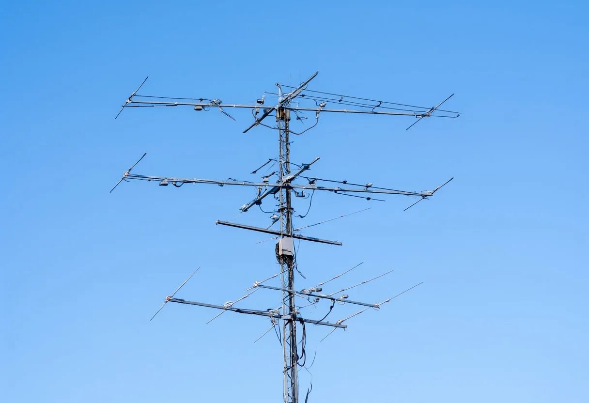 Antenna array with cool blue light, low angle