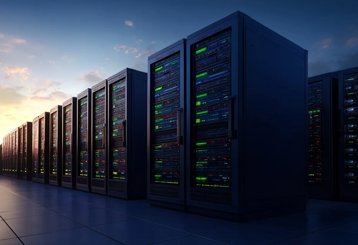 Ai server cluster at dusk, low angle