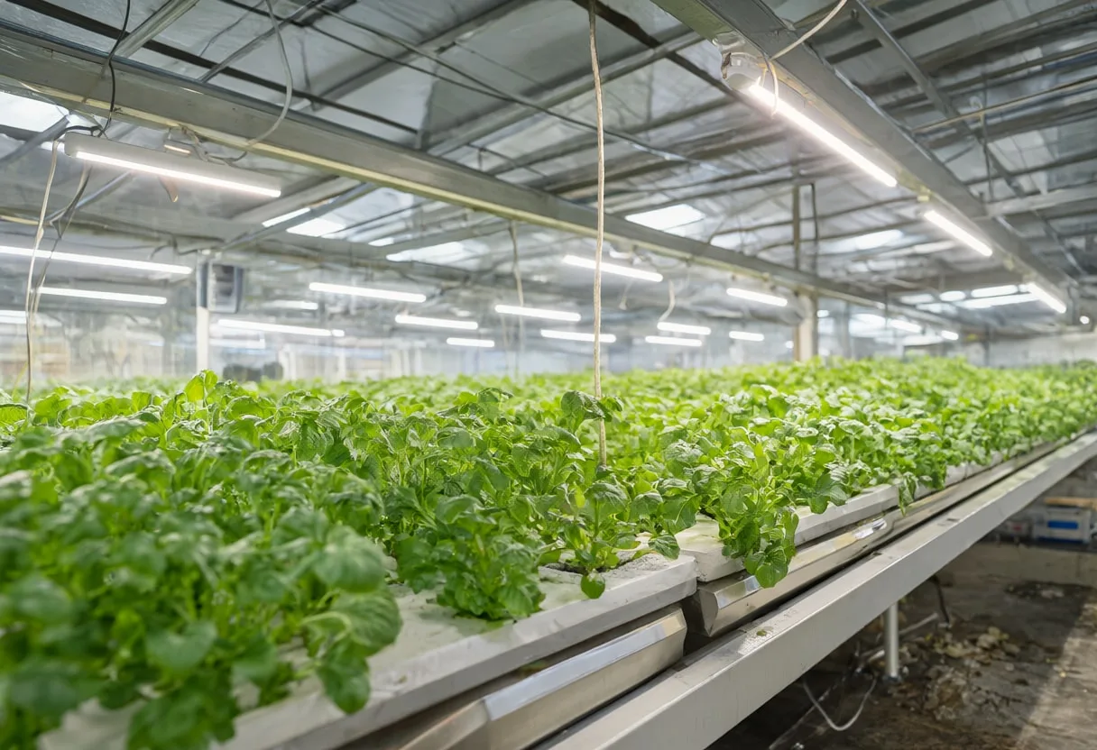 Vertical farm with soft rim light, low angle