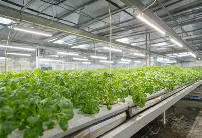 Vertical farm with soft rim light, low angle