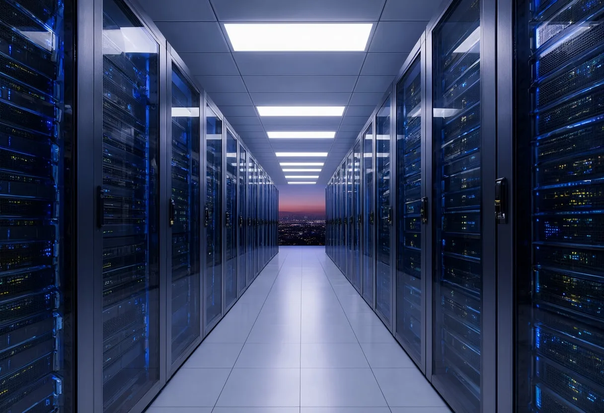 Server rack aisle at dusk, high angle