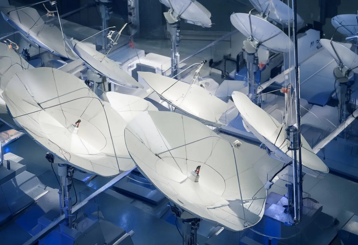 Satellite dish array in a lab setting, high angle