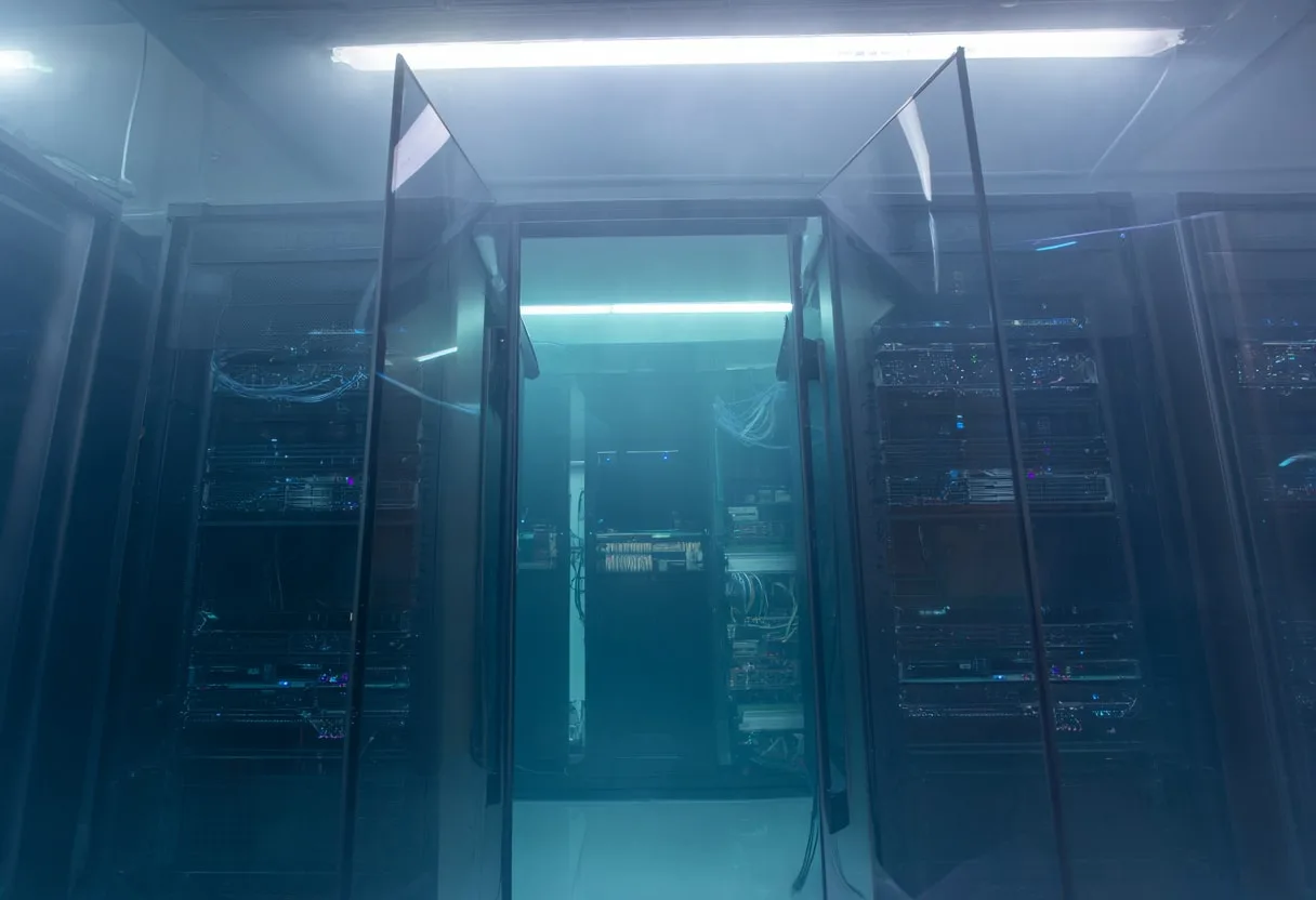 Server room fog in a lab setting, high angle