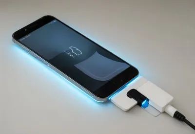 Phone on charger with cool blue light, high angle