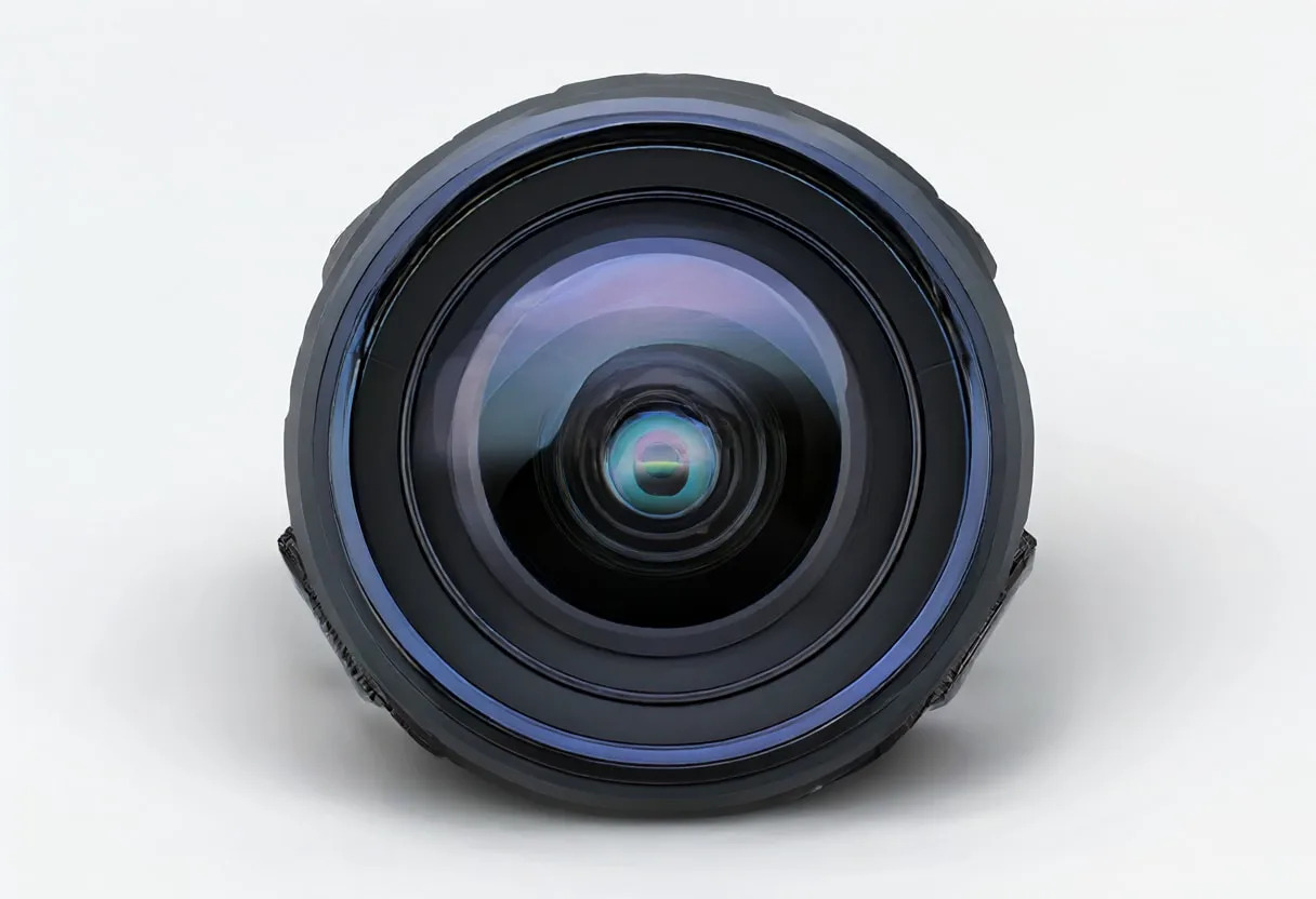 Camera lens macro in a clean studio, high angle