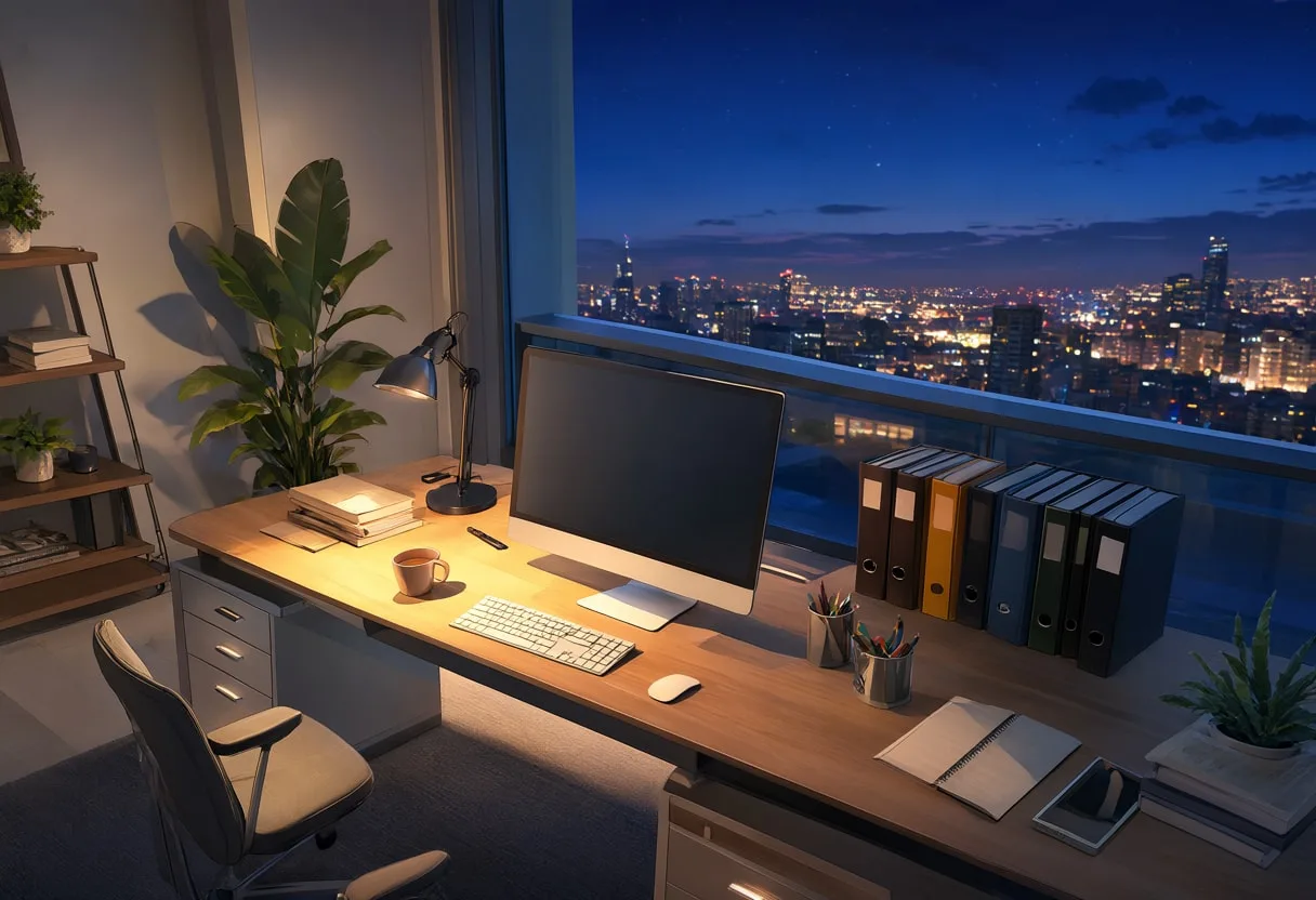 Workspace at night at dusk, high angle