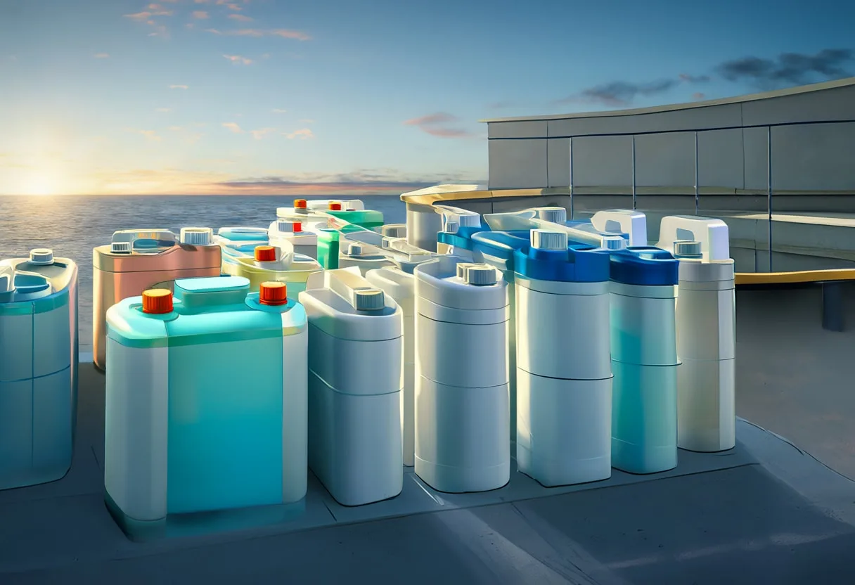 Battery containers at dusk, high angle