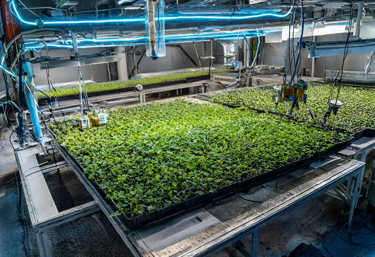 Robotic greenhouse in a lab setting, high angle