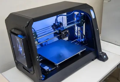 3d printer with cool blue light, high angle