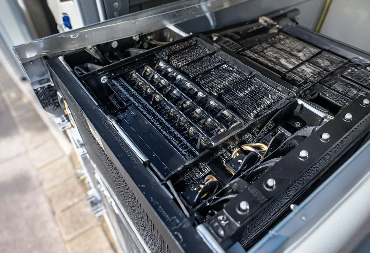 Liquid cooled rack under natural daylight, high angle