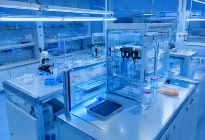 Holographic lab with cool blue light, high angle