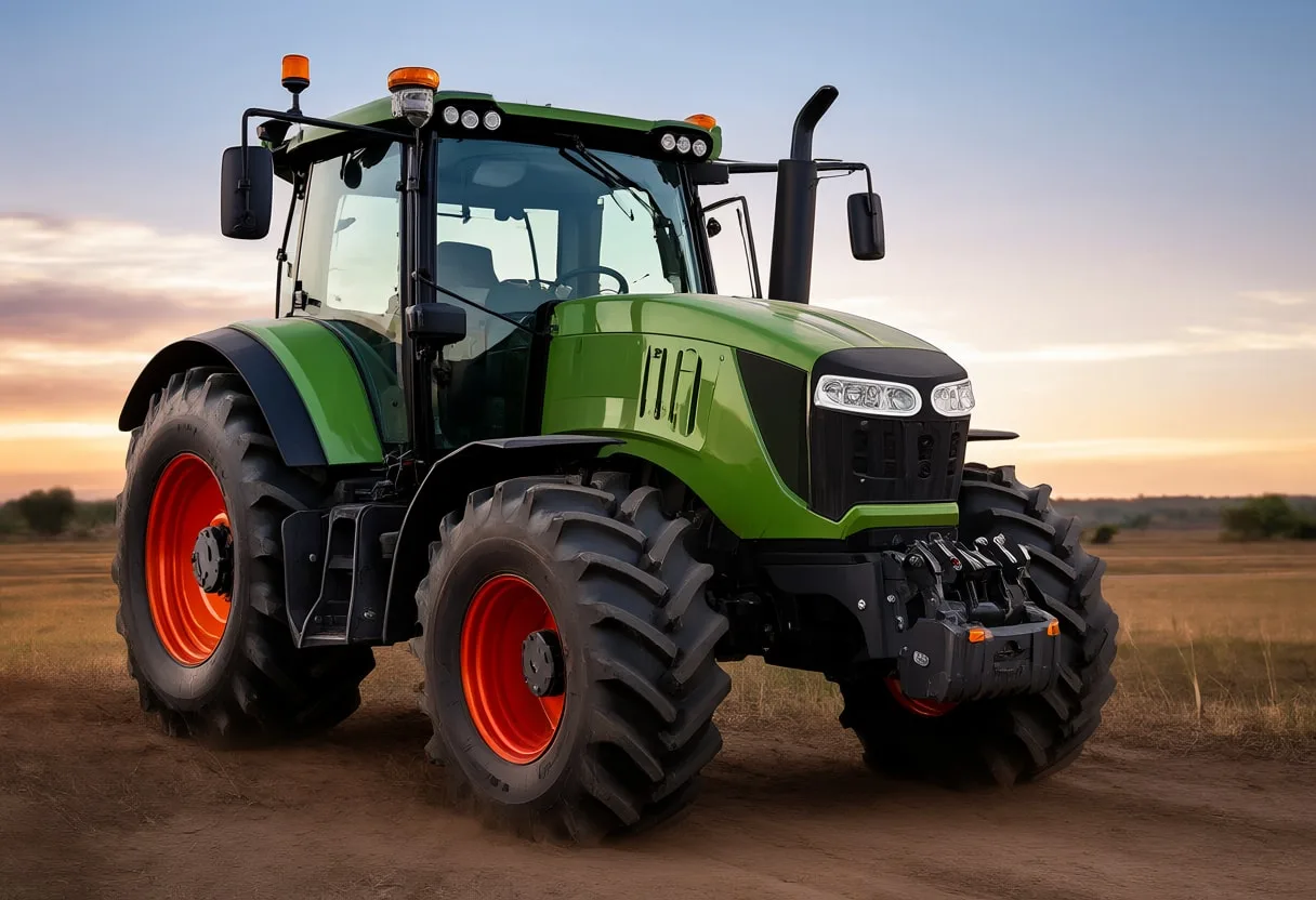 Autonomous tractor at dusk, high angle