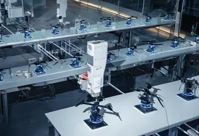 Drone hub in a lab setting, high angle