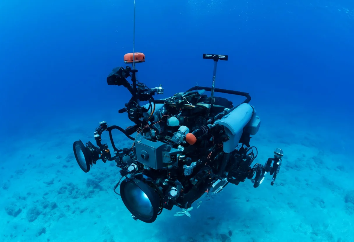 Underwater rov with cool blue light, high angle