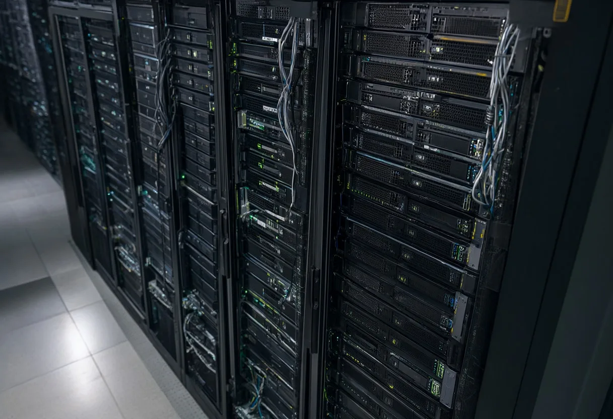 Ai server cluster with soft rim light, high angle