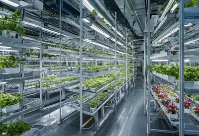 Vertical farm in a lab setting, high angle