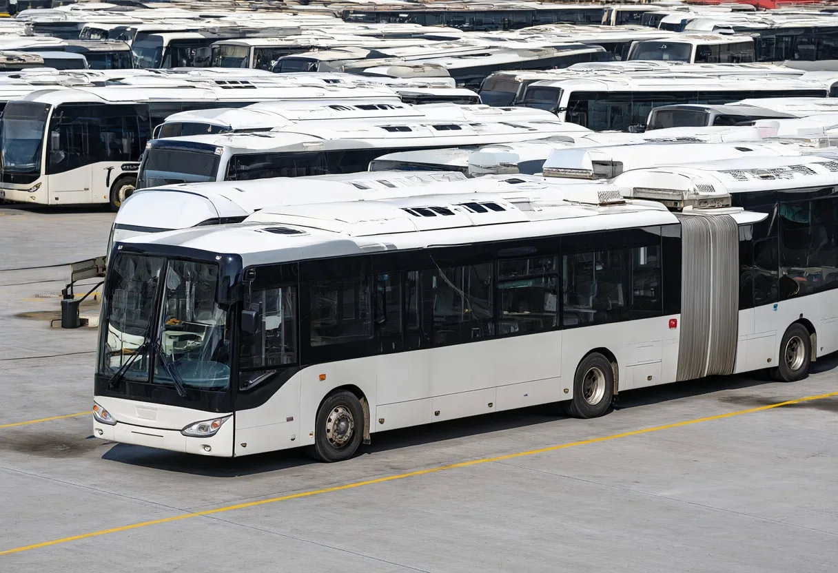 Electric bus depot under natural daylight, high angle