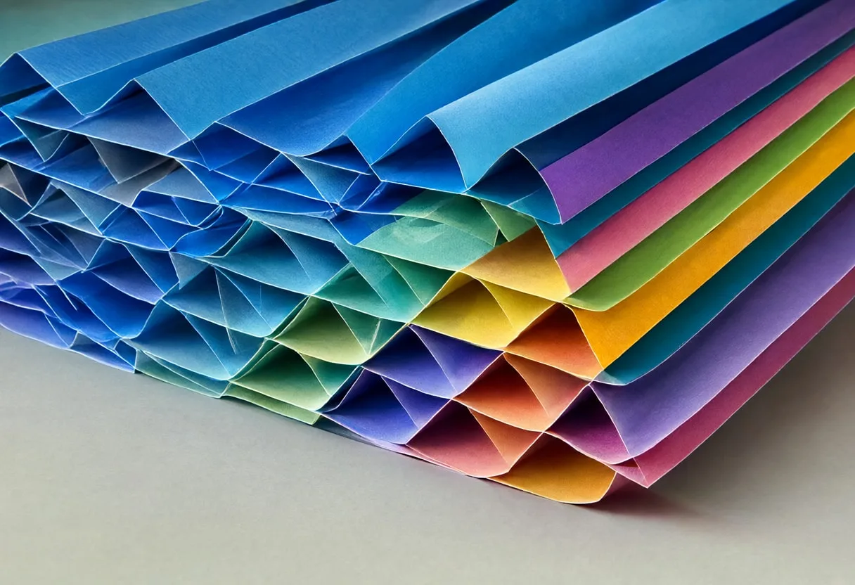 Folded paper ribbons in a deep palette, wide angle