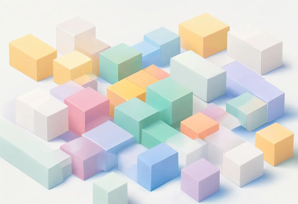 Isometric blocks in a soft palette, wide angle