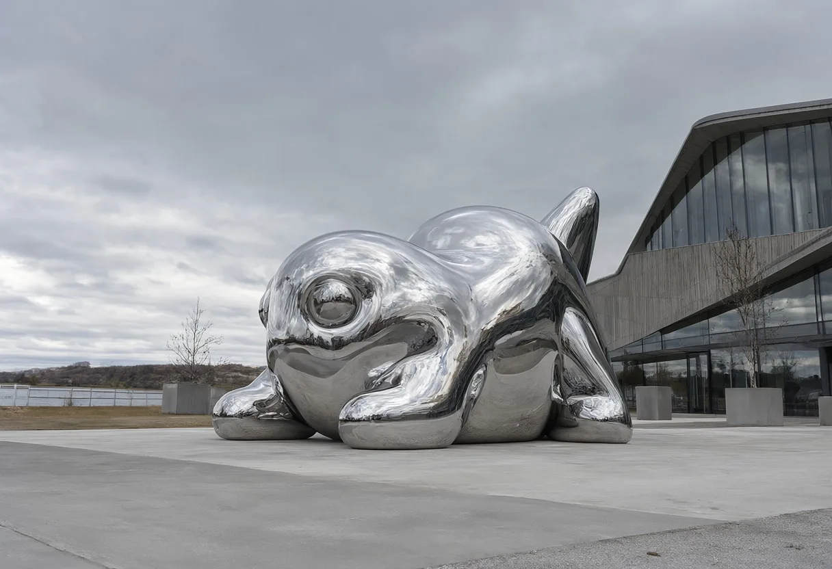 Chrome blob in a deep palette, wide angle