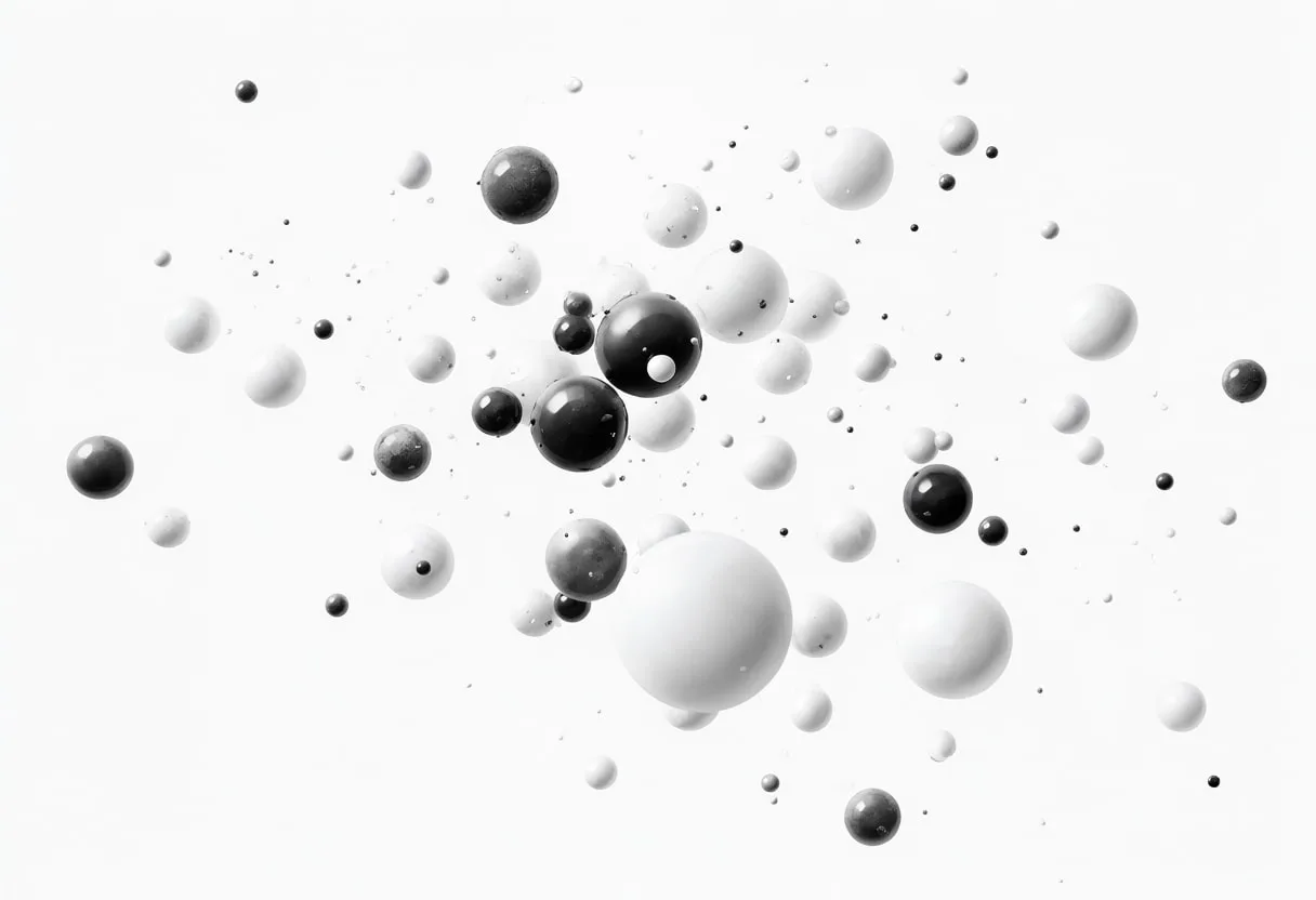 Floating spheres in monochrome, wide angle