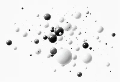 Floating spheres in monochrome, wide angle